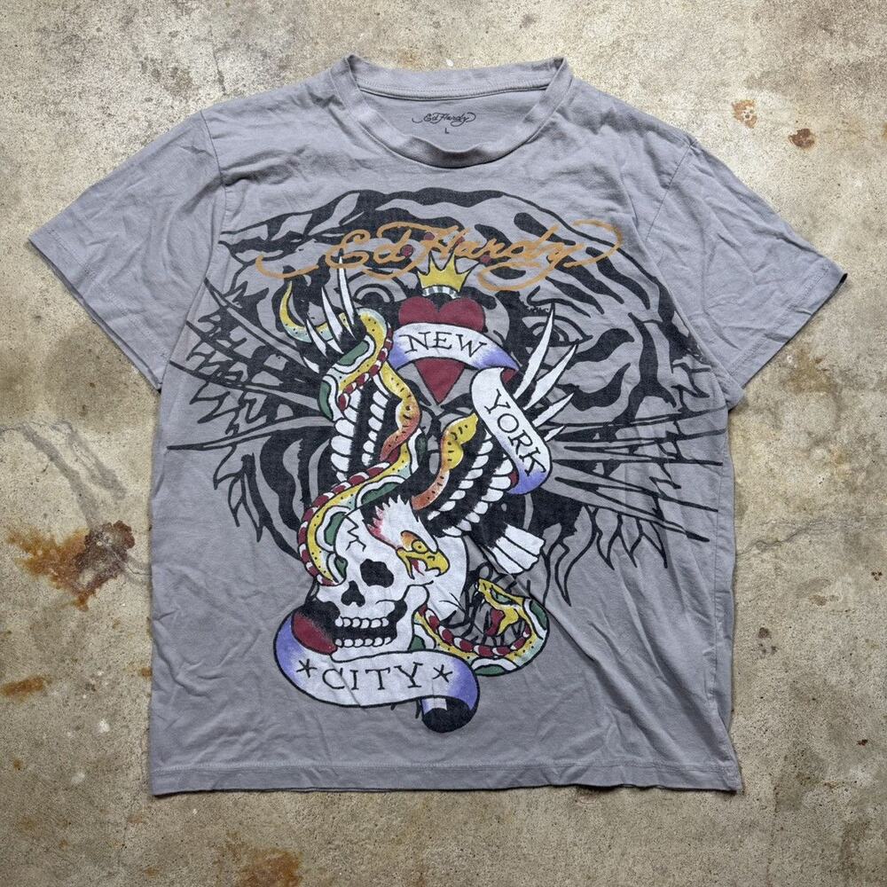 Y2K Grey Ed Hardy New York City Skull Heart Shirt Size L